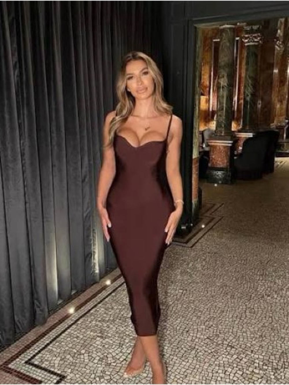 Sleek Chocolate Brown Midi Bodycon Dress with Spaghetti Straps